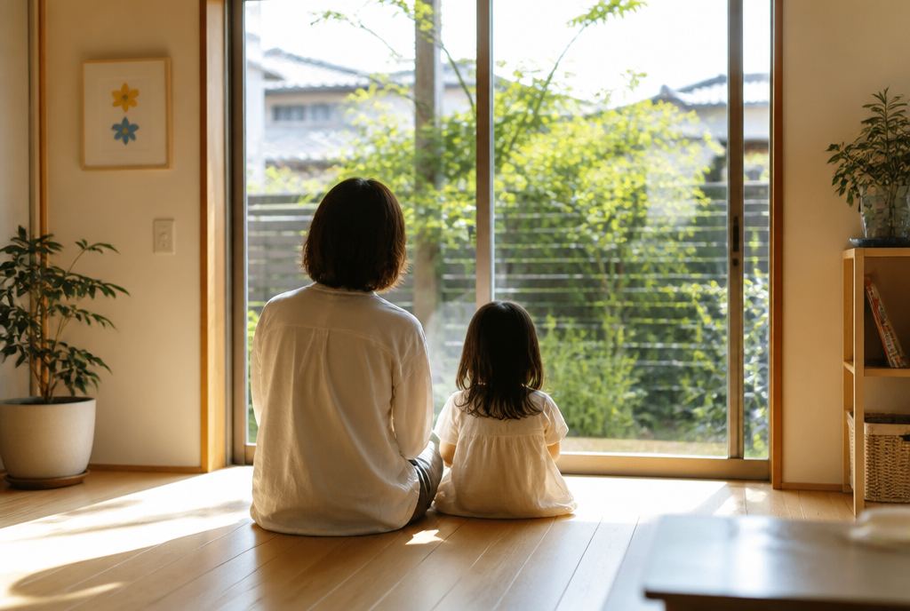 窓辺で庭を眺める親子
